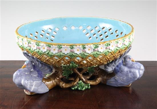 A Minton majolica pierced dove bowl, date code for 1870, 32cm diam, restorations